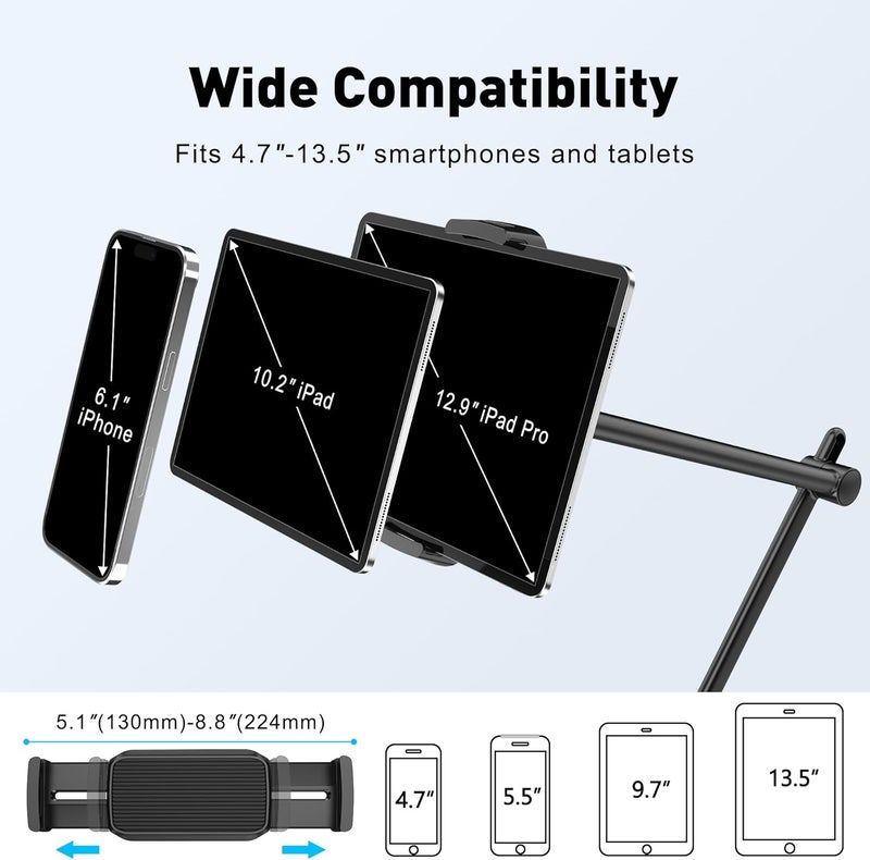 AboveTEK Tablet Stand Holder for Desk & Bed, Aluminum iPad Holder Arm with 360° Rotating Clamp, Adjustable Phone Stand Compatible with 4.7"-13.5" iPad Pro/Air/Mini, iPhone, Galaxy Tab- Black - Image 3